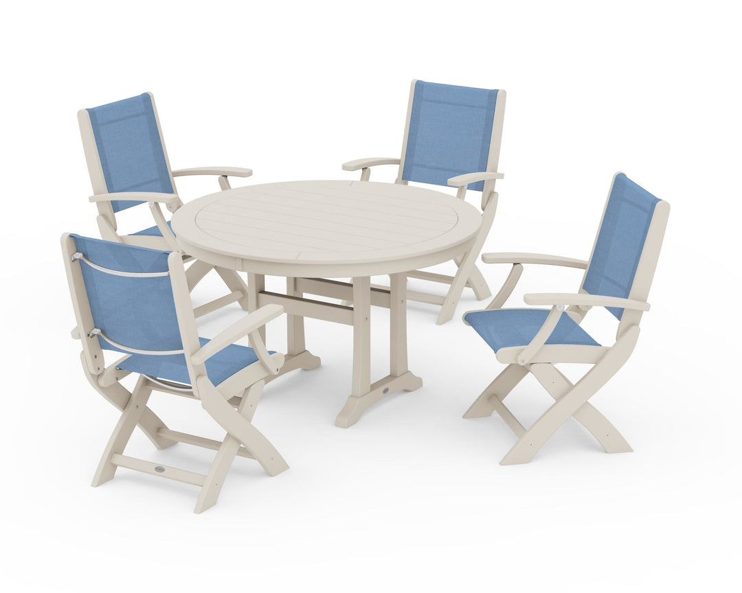 POLYWOOD® Coastal Folding Chair 5-Piece Round Dining Set with Trestle Legs