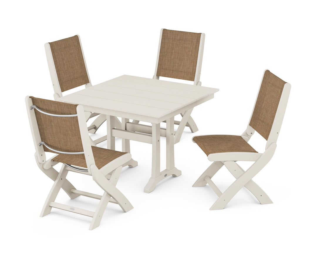 POLYWOOD® Coastal Folding Side Chair 5-Piece Farmhouse Dining Set With Trestle Legs
