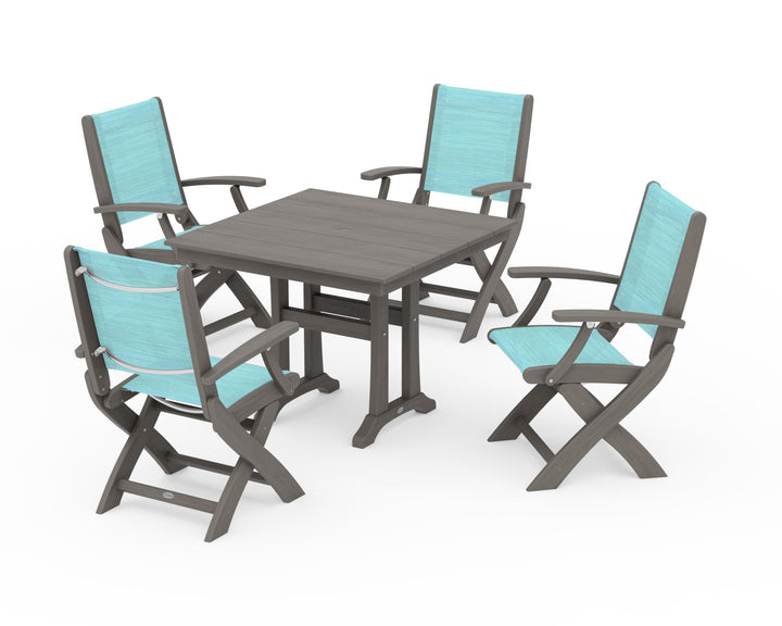 POLYWOOD® Coastal Folding Chair 5-Piece Farmhouse Dining Set With Trestle Legs