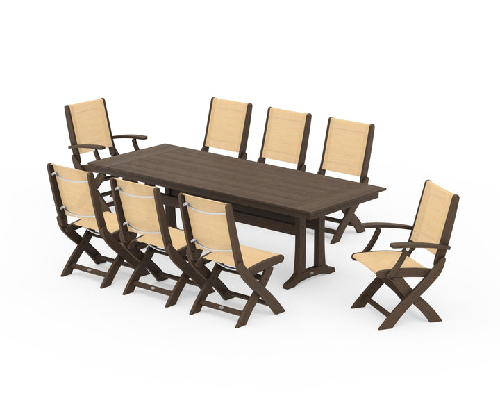 POLYWOOD® Coastal 9-Piece Folding Dining Chair Farmhouse Dining Set with Trestle Legs