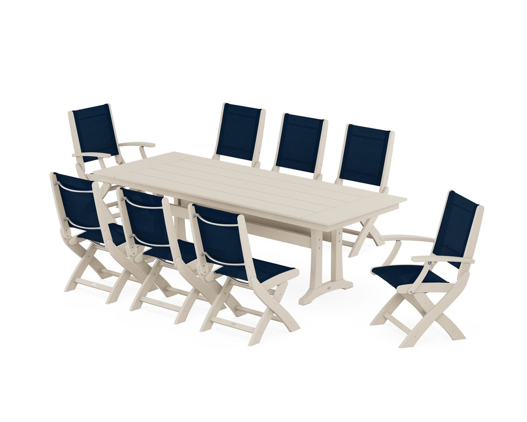 POLYWOOD® Coastal 9-Piece Folding Dining Chair Farmhouse Dining Set with Trestle Legs