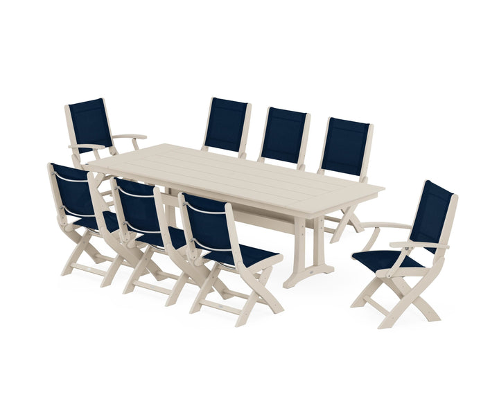 POLYWOOD® Coastal 9-Piece Folding Dining Chair Farmhouse Dining Set with Trestle Legs