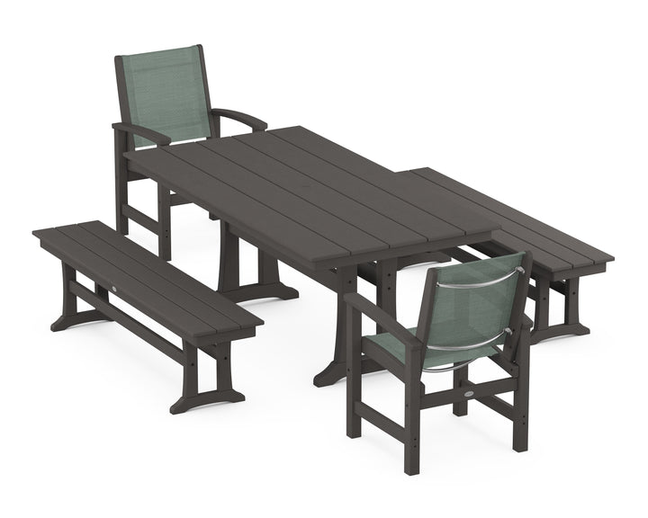 POLYWOOD® Coastal 5-Piece Farmhouse Dining Set with Trestle Legs and Benches