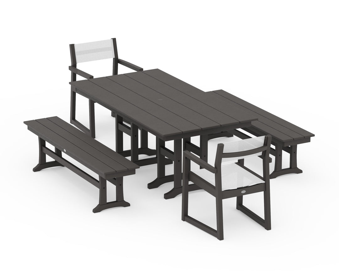 POLYWOOD® EDGE Sling Arm Chair 5-Piece Farmhouse Dining Set with Benches