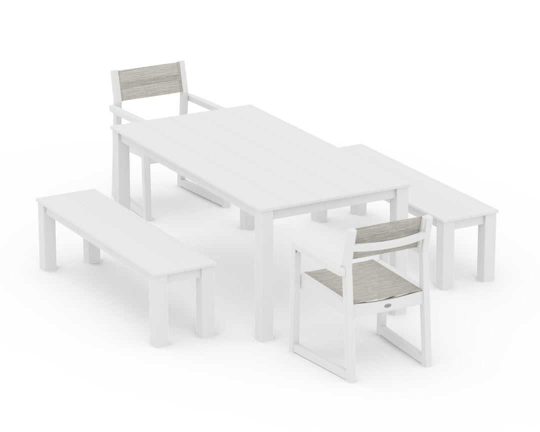 POLYWOOD® EDGE Sling Arm Chair 5-Piece Parsons Dining Set with Benches