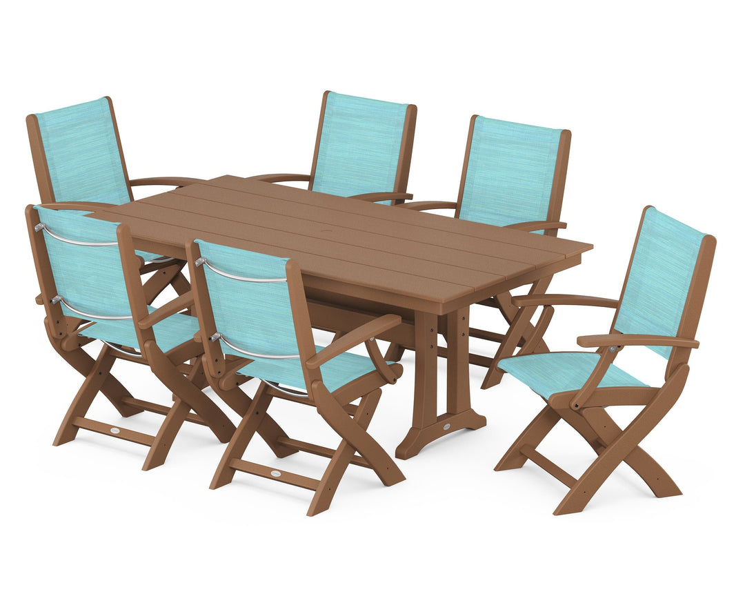 POLYWOOD® Coastal Folding Arm Chair 7-Piece Farmhouse Dining Set with Trestle Legs