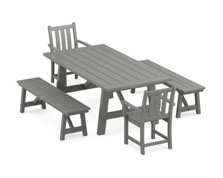 POLYWOOD® Traditional Garden 5-Piece Rustic Farmhouse Dining Set With Benches