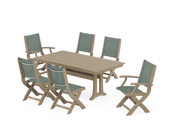 POLYWOOD® Coastal Folding Chair 7-Piece Farmhouse Dining Set with Trestle Legs