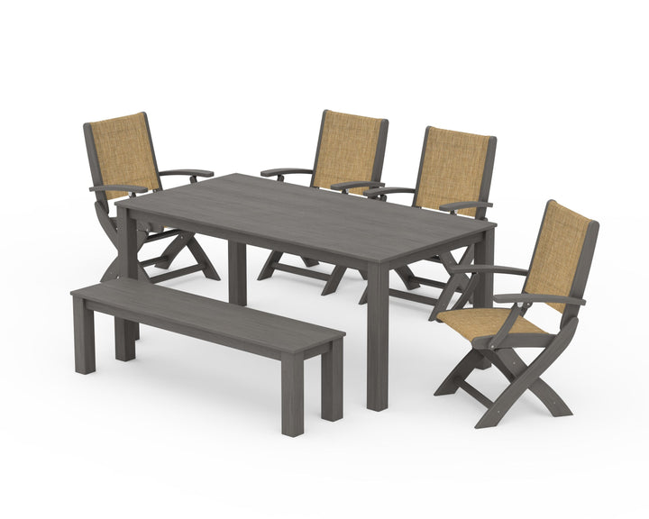 POLYWOOD® Coastal Folding Chair 6-Piece Parsons Dining Set with Bench