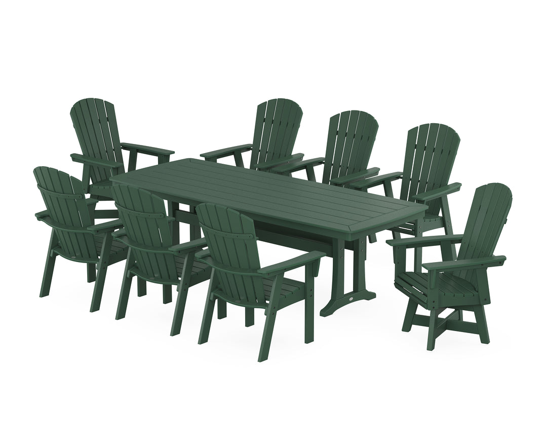 POLYWOOD® Nautical Curveback Adirondack Swivel 9-Piece Dining Set with Trestle Legs