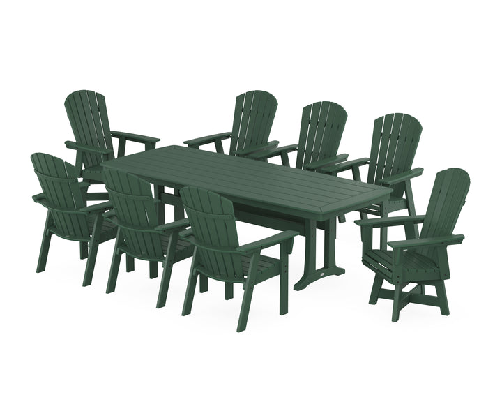 POLYWOOD® Nautical Curveback Adirondack Swivel 9-Piece Dining Set with Trestle Legs