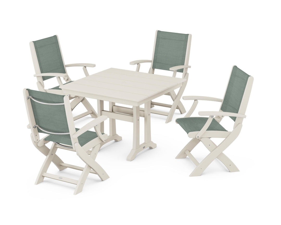 POLYWOOD® Coastal Folding Chair 5-Piece Farmhouse Dining Set With Trestle Legs