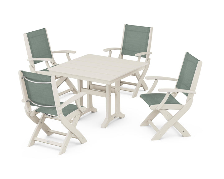 POLYWOOD® Coastal Folding Chair 5-Piece Farmhouse Dining Set With Trestle Legs