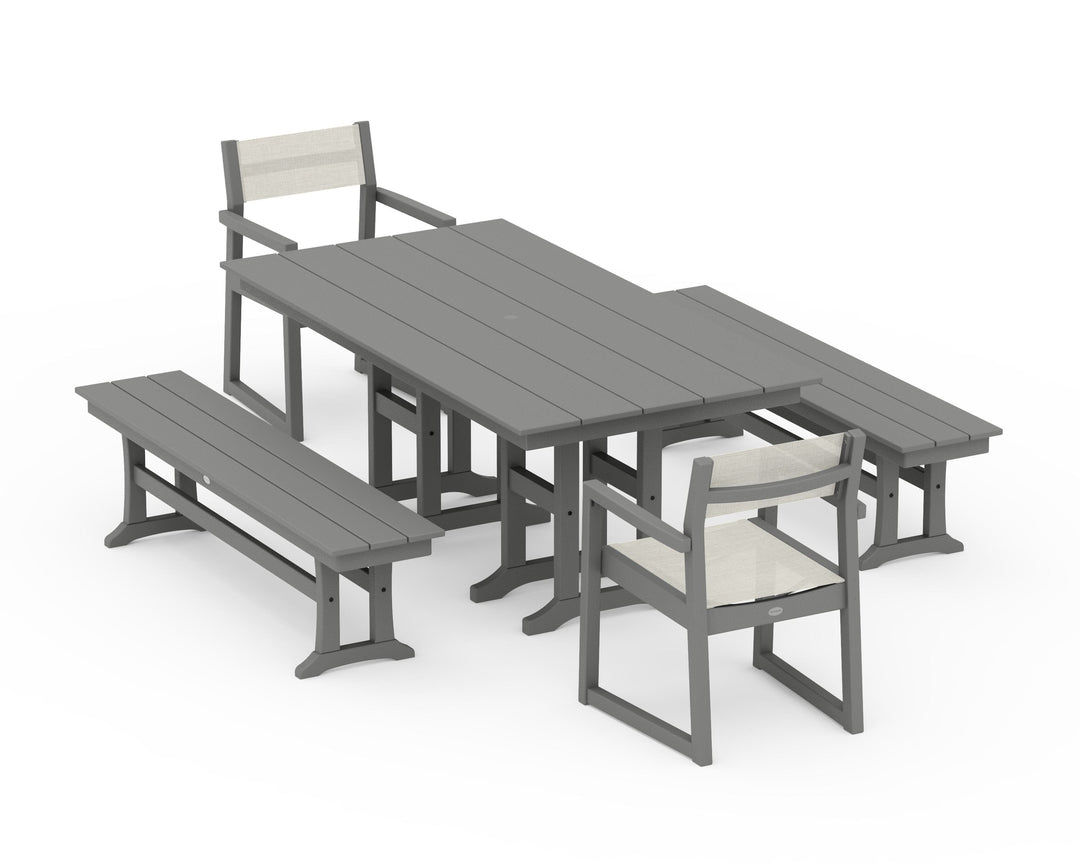 POLYWOOD® EDGE Sling Arm Chair 5-Piece Farmhouse Dining Set with Benches