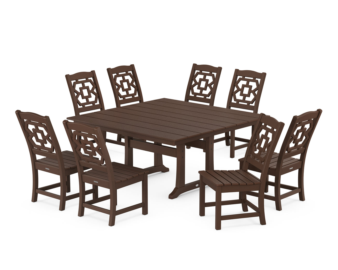 Chinoiserie 9-Piece Square Farmhouse Side Chair Dining Set with Trestle Legs