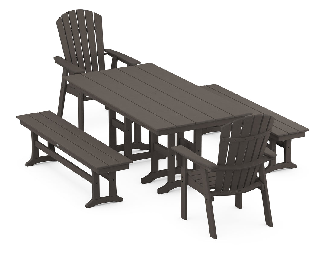 POLYWOOD® Nautical Curveback Adirondack 5-Piece Farmhouse Dining Set with Benches