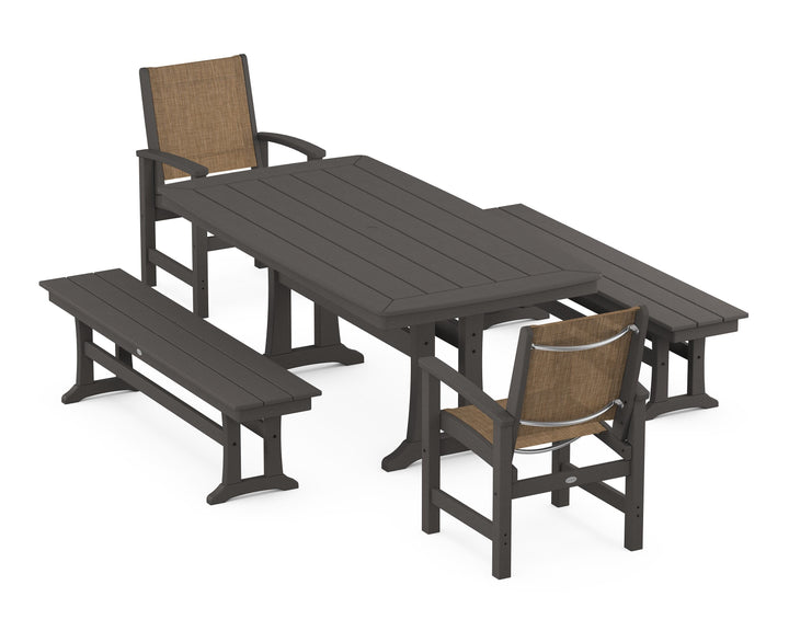 POLYWOOD® Coastal 5-Piece Dining Set with Trestle Legs and Benches