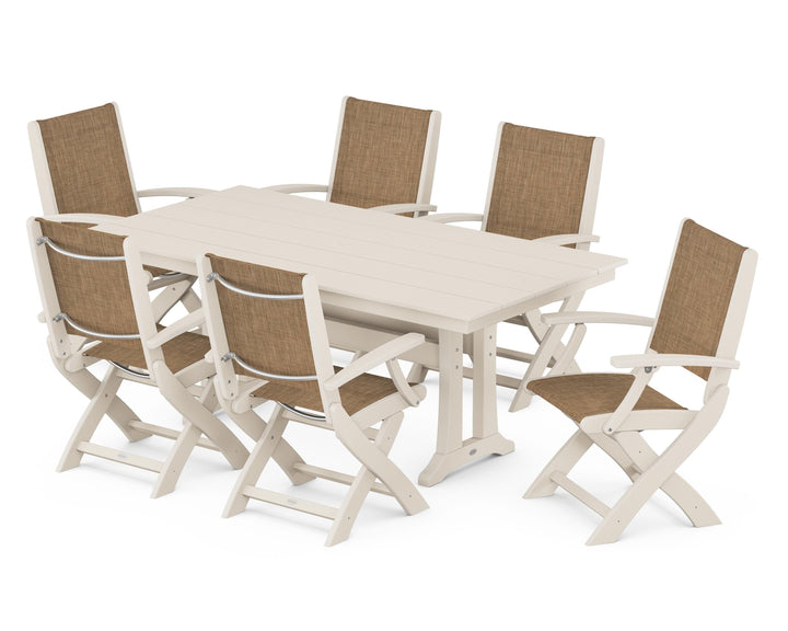 POLYWOOD® Coastal Folding Arm Chair 7-Piece Farmhouse Dining Set with Trestle Legs
