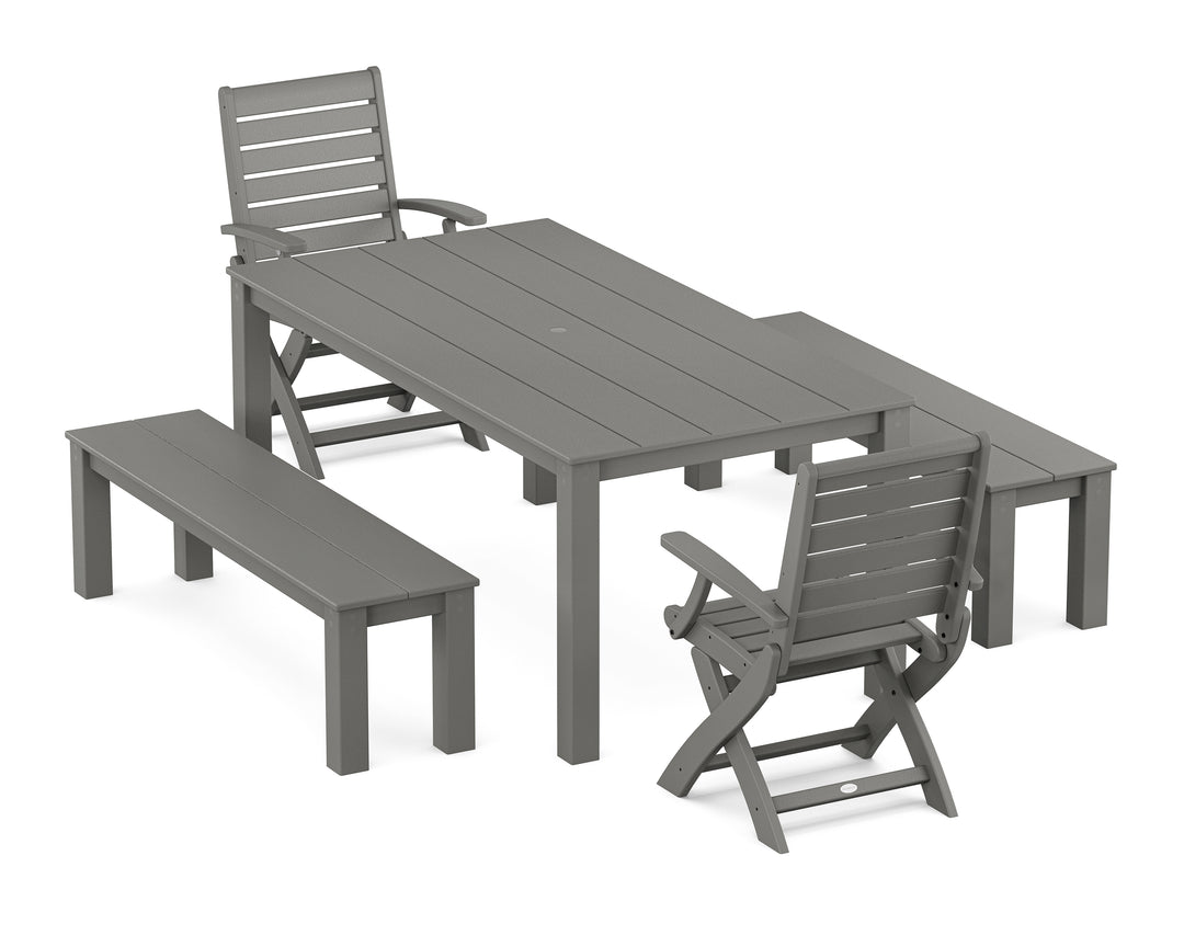 POLYWOOD® Signature Folding Chair 5-Piece Parsons Dining Set with Benches