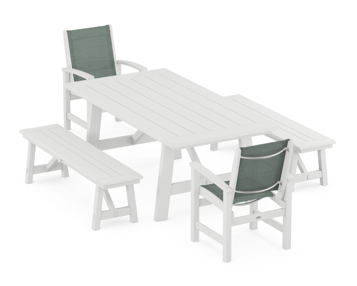 POLYWOOD® Coastal 5-Piece Rustic Farmhouse Dining Set With Benches