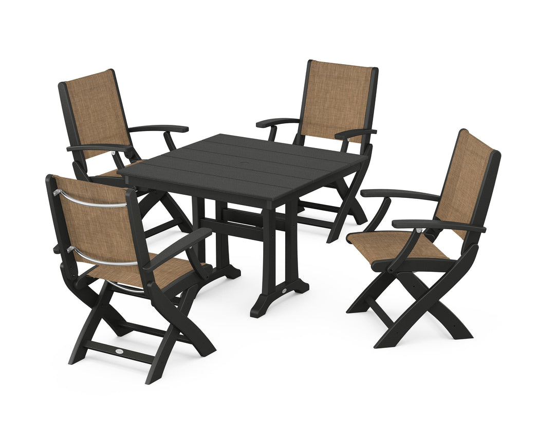 POLYWOOD® Coastal Folding Chair 5-Piece Farmhouse Dining Set With Trestle Legs