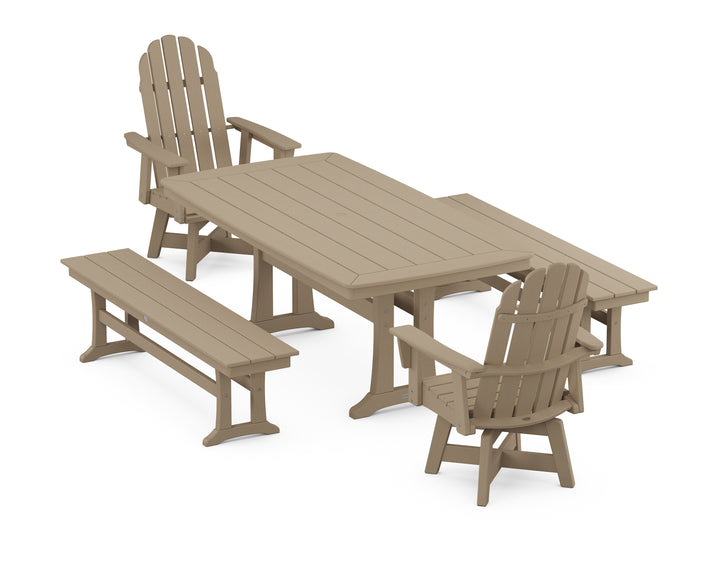 POLYWOOD® Vineyard Adirondack Swivel Chair 5-Piece Dining Set with Trestle Legs and Benches