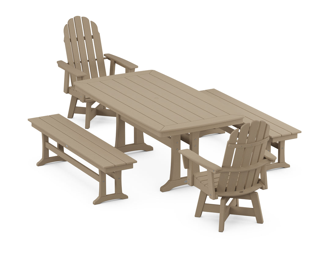 POLYWOOD® Vineyard Adirondack Swivel Chair 5-Piece Dining Set with Trestle Legs and Benches