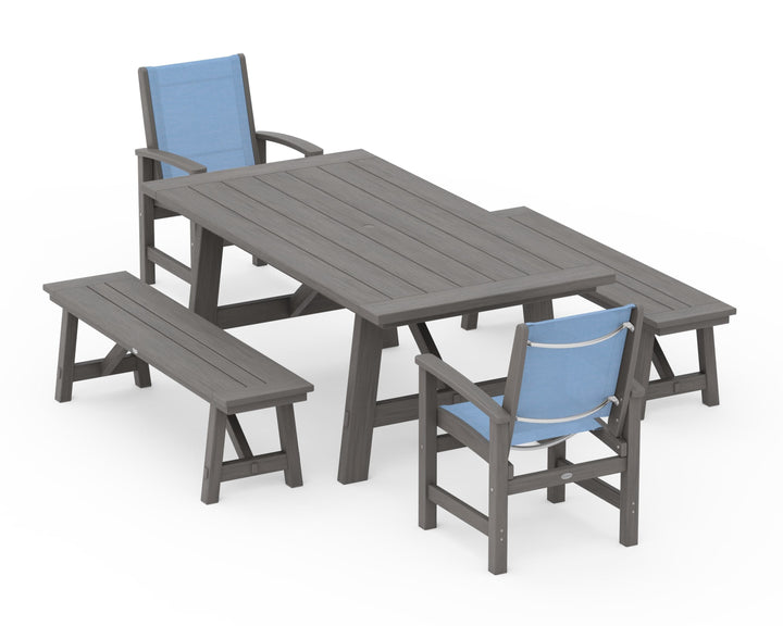 POLYWOOD® Coastal 5-Piece Rustic Farmhouse Dining Set With Benches