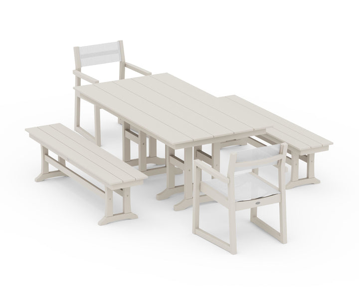 POLYWOOD® EDGE Sling Arm Chair 5-Piece Farmhouse Dining Set with Benches