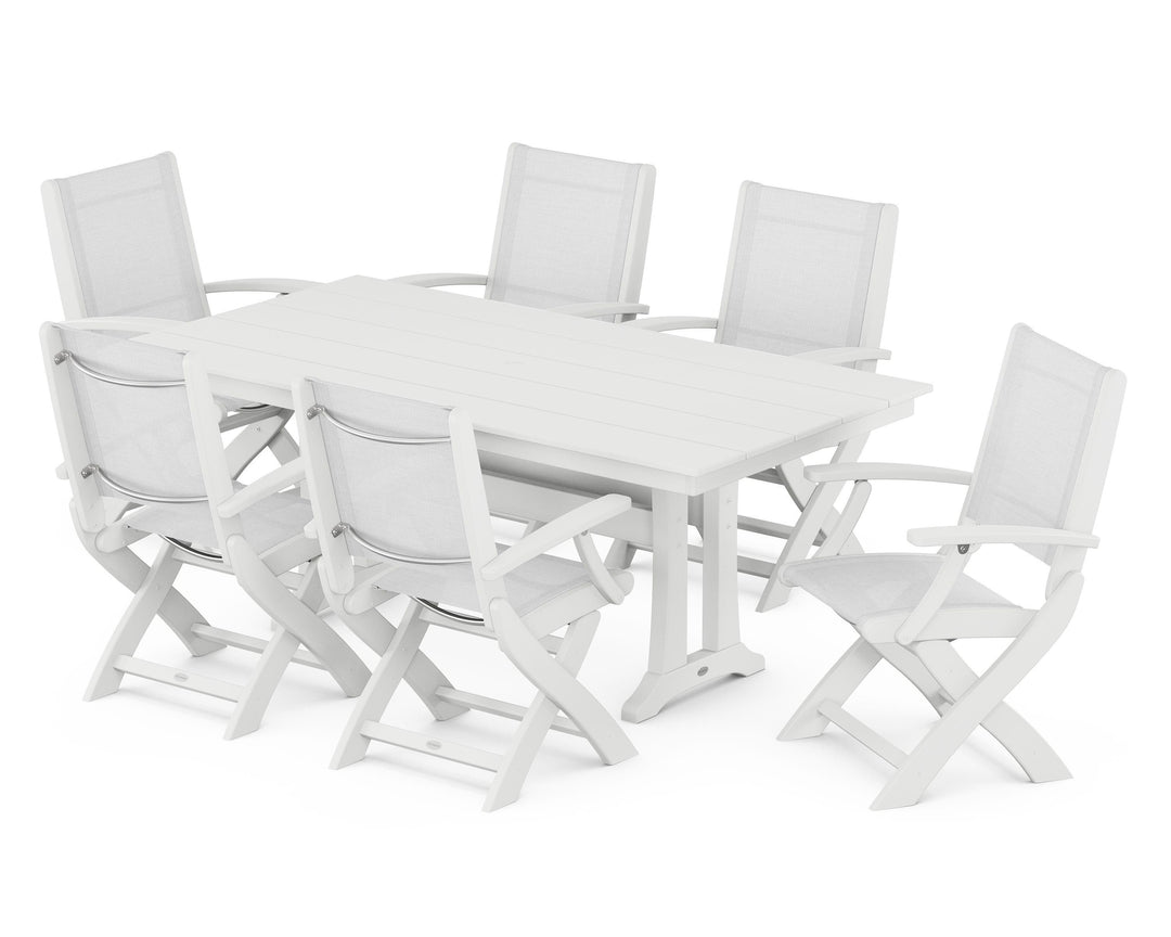 POLYWOOD® Coastal Folding Arm Chair 7-Piece Farmhouse Dining Set with Trestle Legs
