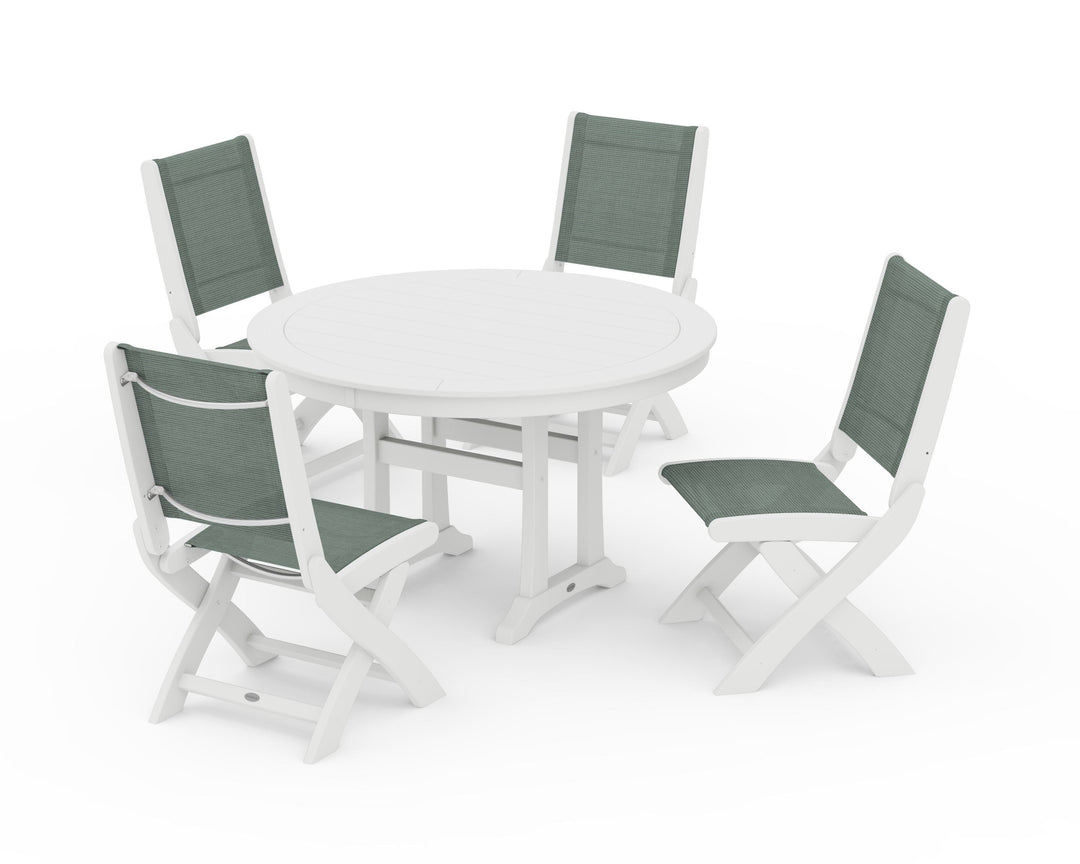 POLYWOOD® Coastal Folding Side Chair 5-Piece Round Dining Set With Trestle Legs