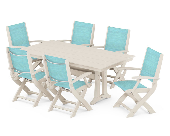 POLYWOOD® Coastal Folding Arm Chair 7-Piece Farmhouse Dining Set with Trestle Legs