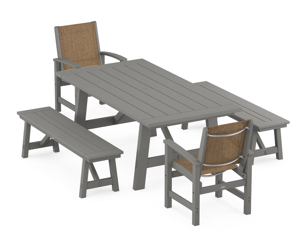 POLYWOOD® Coastal 5-Piece Rustic Farmhouse Dining Set With Benches