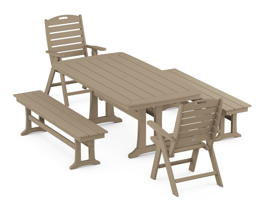POLYWOOD® Nautical Folding Highback Chair 5-Piece Dining Set with Trestle Legs and Benches