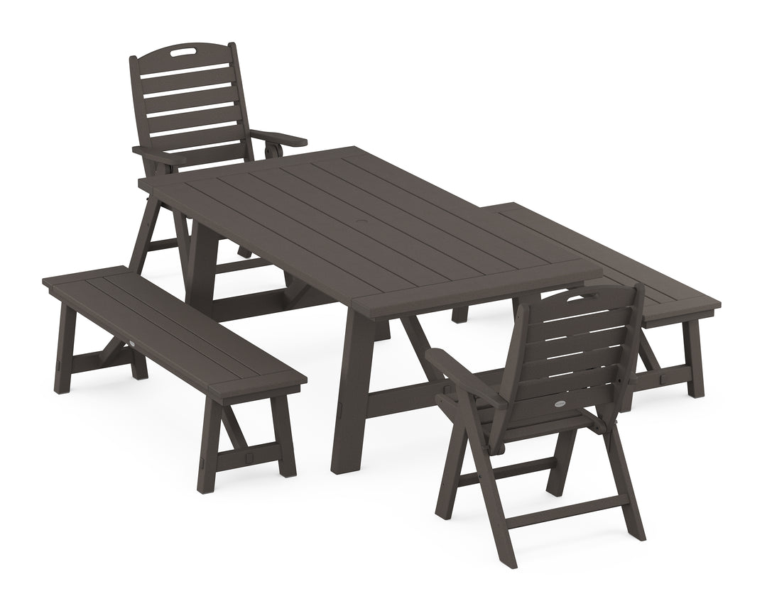 POLYWOOD® Nautical Folding Highback Chair 5-Piece Rustic Farmhouse Dining Set With Benches