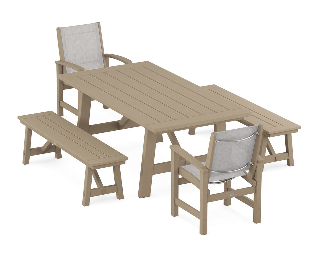 POLYWOOD® Coastal 5-Piece Rustic Farmhouse Dining Set With Benches