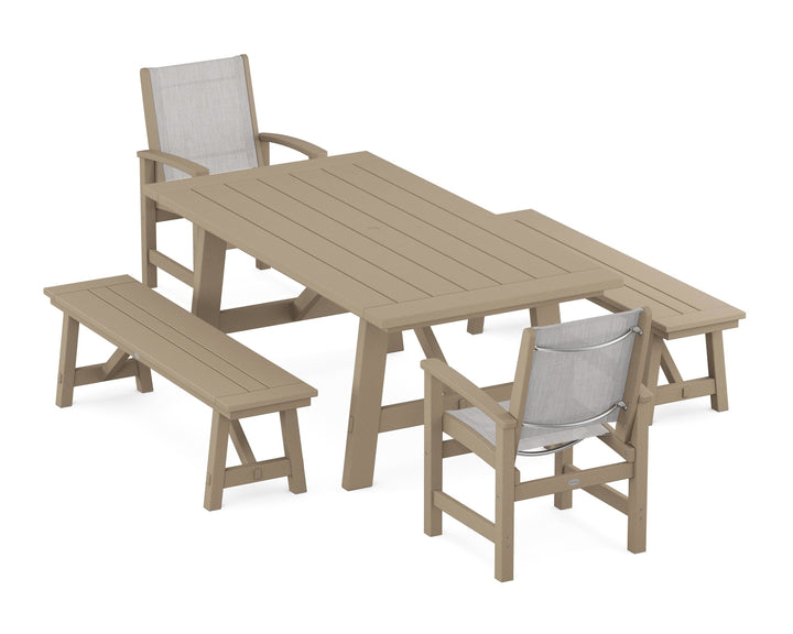 POLYWOOD® Coastal 5-Piece Rustic Farmhouse Dining Set With Benches