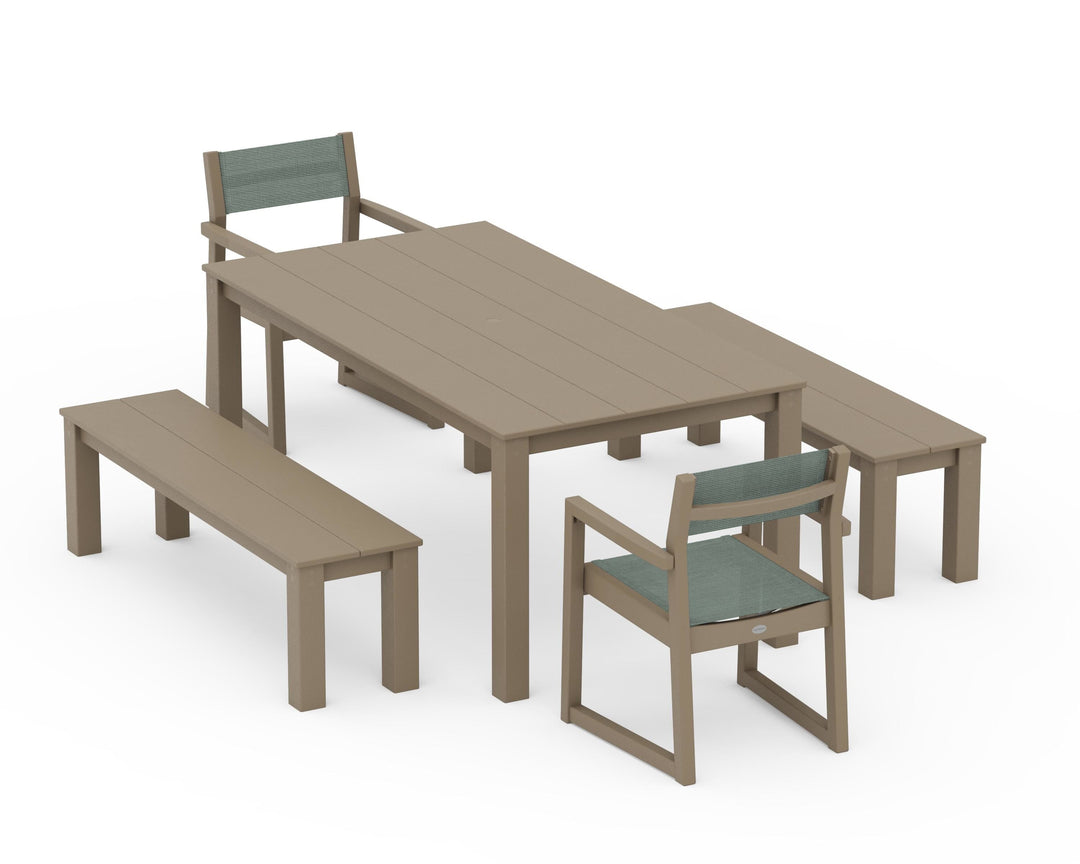 POLYWOOD® EDGE Sling Arm Chair 5-Piece Parsons Dining Set with Benches