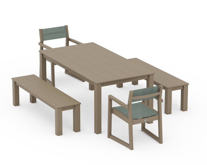 POLYWOOD® EDGE Sling Arm Chair 5-Piece Parsons Dining Set with Benches