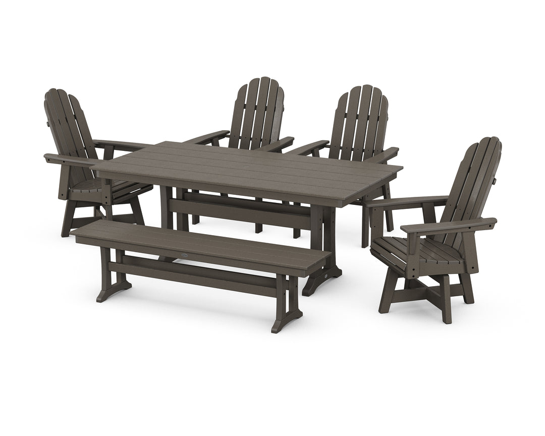 POLYWOOD® Vineyard Curveback Adirondack 6-Piece Swivel Chair Farmhouse Dining Set with Trestle Legs and Bench