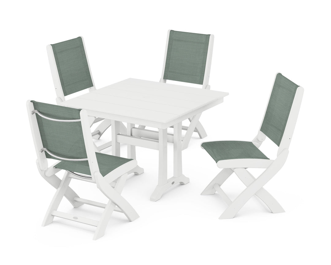 POLYWOOD® Coastal Folding Side Chair 5-Piece Farmhouse Dining Set With Trestle Legs
