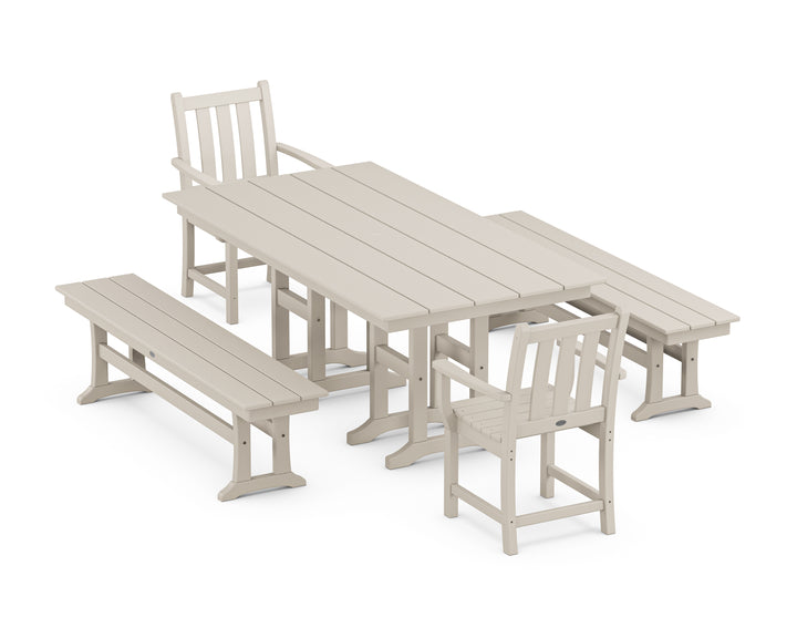 POLYWOOD® Traditional Garden 5-Piece Farmhouse Dining Set with Benches