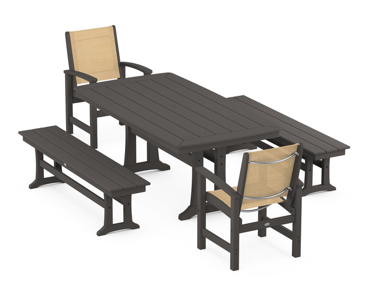 POLYWOOD® Coastal 5-Piece Dining Set with Trestle Legs and Benches