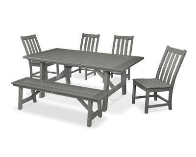 Vineyard 6-Piece Rustic Farmhouse Side Chair Dining Set with Bench