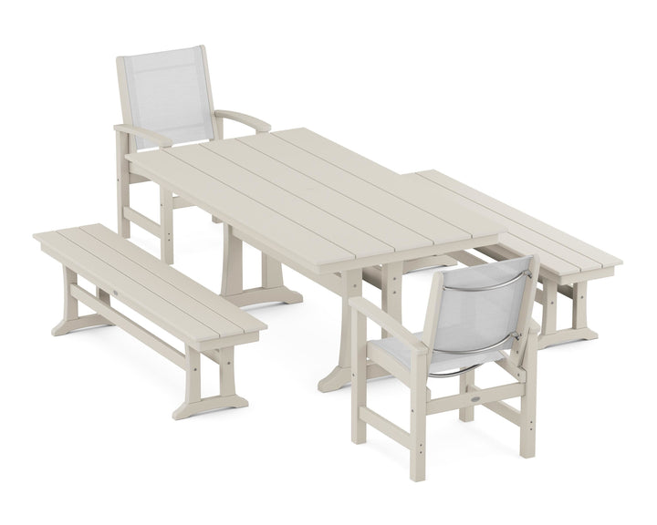 POLYWOOD® Coastal 5-Piece Farmhouse Dining Set with Trestle Legs and Benches