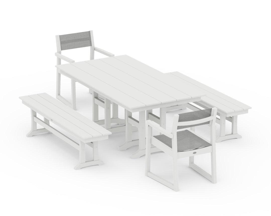 POLYWOOD® EDGE Sling Arm Chair 5-Piece Farmhouse Dining Set with Benches