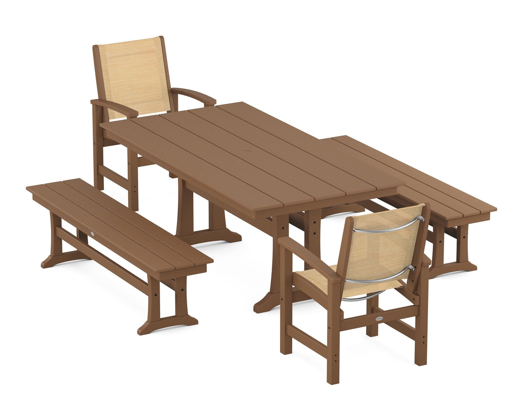 POLYWOOD® Coastal 5-Piece Farmhouse Dining Set with Trestle Legs and Benches