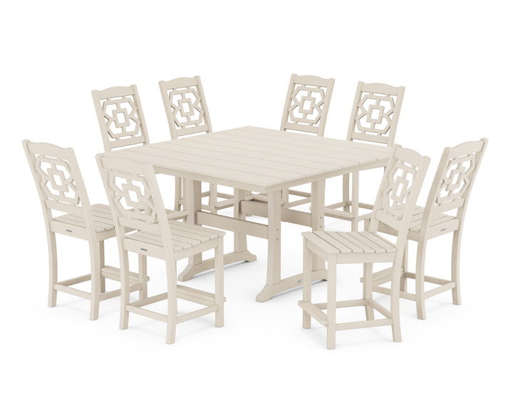 Martha Stewart by POLYWOOD® Chinoiserie 9-Piece Square Farmhouse Side Chair Counter Set with Trestle Legs