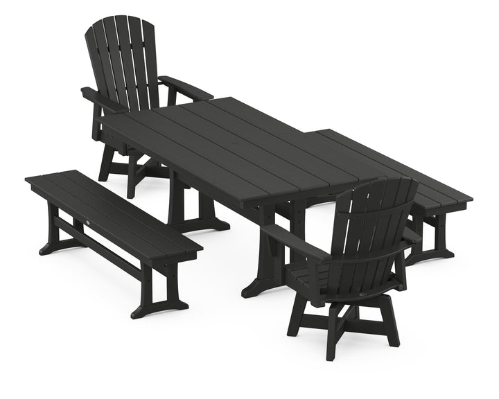 POLYWOOD® Nautical Curveback Adirondack Swivel Chair 5-Piece Farmhouse Dining Set With Trestle Legs and Benches