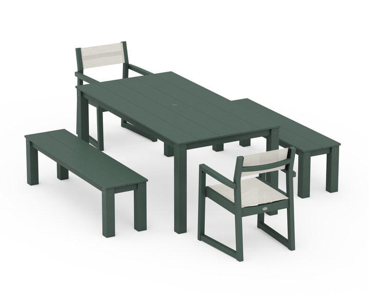 POLYWOOD® EDGE Sling Arm Chair 5-Piece Parsons Dining Set with Benches